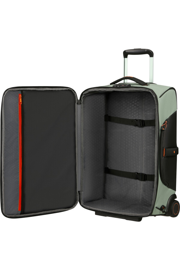mochilamala de viagem ecodiver com rodas 55 cm cor verde-sálvia claro.